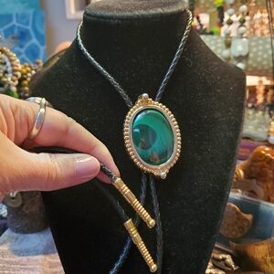 Vintage Upcycled Malachite Bolo Tie, New Cord